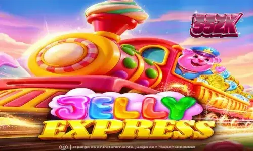 Tampilan visual cerah dan penuh permen dari slot Jelly Express dengan latar belakang pemandangan fantasi.
